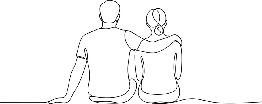 minimalist line art of a couple sitting together with arms around each other.