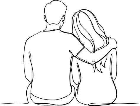 Line art drawing of a couple sitting together with the man putting his arm around the woman.