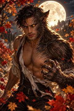 Handsome werewolf man mid-transformation among swirling autumn leaves