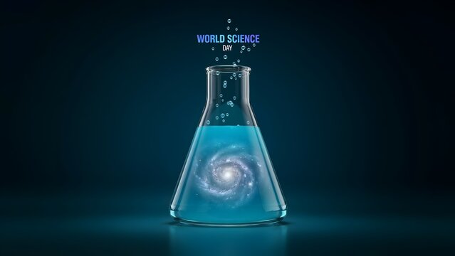 World science day concept with a glass flask containing a glowing