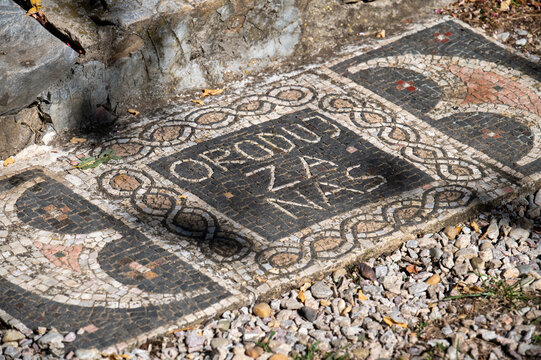 Roman Mosaic with , Oroduj  za nas, (Pray for Us) Inscription and Geometric Pattern