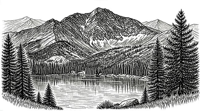 Hand drawn engraving illustration of a mountain lake landscape with pine trees