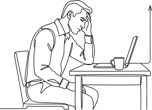 One line drawing of a stressed man sitting at a desk with a laptop and a cup of coffee.