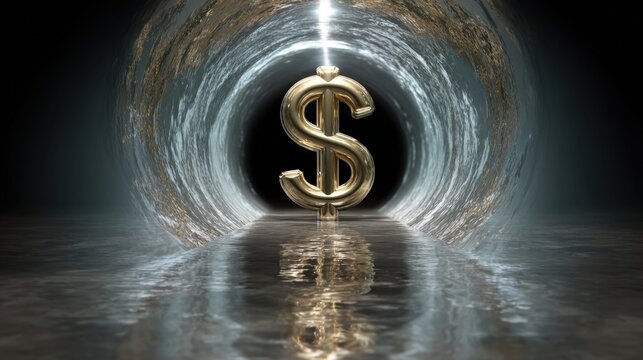 Golden dollar symbol emerging from dark tunnel with water reflection in a dramatic and surreal financial concept