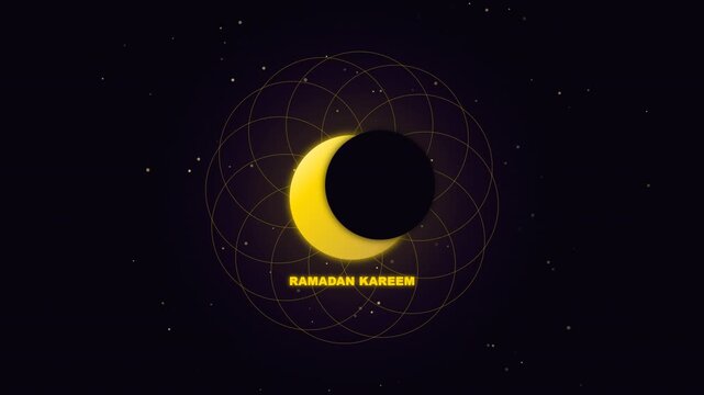 Elegant 4K Ramadan Kareem and Eid Mubarak motion loop with a 3D rotating gold crescent moon, hanging lanterns and arabesque geometry for Islamic greetings, cultural intros and celebrations