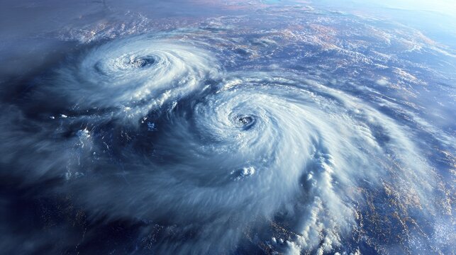 Powerful twin cyclones swirling over the Earth's surface captured from space with dramatic cloud formations and atmospheric detail