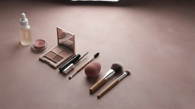 Essential beauty tools for beginner makeup tips, flat lay of cosmetics on a soft dusty rose background surface studio