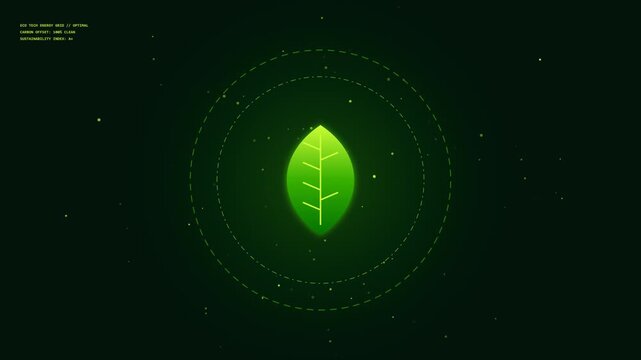 Futuristic 4K green tech and renewable energy motion loop with a glowing holographic leaf core, revolving solar circuit rings and eco data grid for sustainability, ESG and clean energy themes
