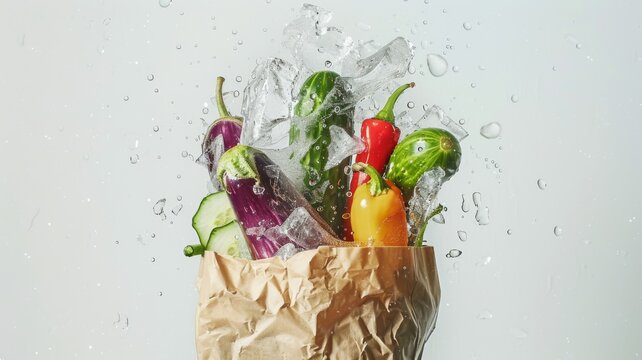 Fresh vegetables in paper bag with ice cubes and water droplets splashing against grey backdrop with neutral grey background splashing mid air