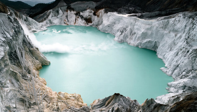 View of Milky Turquoise Acidic Crater Lake Inside White
Kaolin Volcanic Crater Walls With Sulphurous Steam, Kawah Putih, West
Java, Indonesia