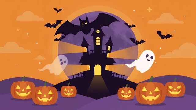 Festive flat vector animation of a haunted house, flying bats, cute ghosts, and carved pumpkins on Halloween night