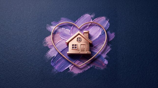 Heartfelt Home: A charming miniature house nestled within a rosy gold heart, set against a backdrop of abstract purple brushstrokes, symbolizing love and belonging in domestic life.