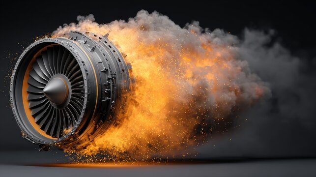 Jet Engine with Explosive Flames and Smoke Erupting from Turbine Housing in Dramatic Visual Display