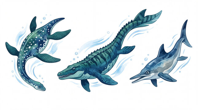 Watercolor clipart set of prehistoric marine reptiles including plesiosaurus, mosasaurus, and ichthyosaurus isolated on a white background.
