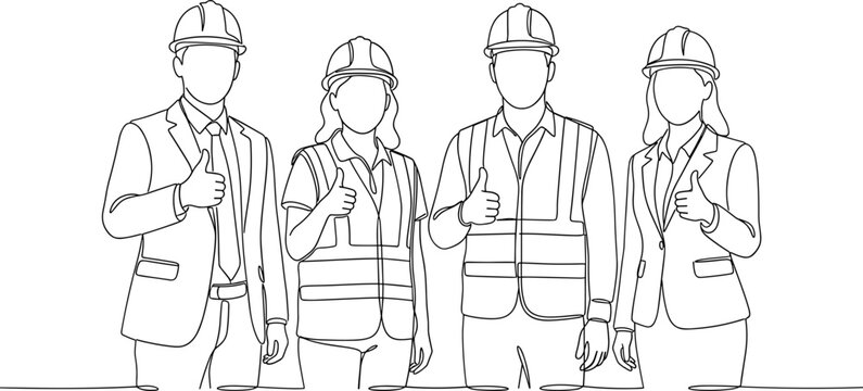 Line art illustration of a diverse team of four construction workers and engineers giving a thumbs up gesture.
