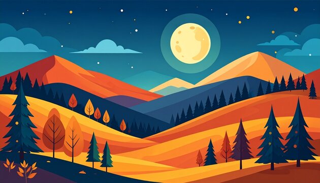 Beautiful flat vector illustration of autumn mountain landscape under a full moon starry night sky with pine trees and rolling hills
