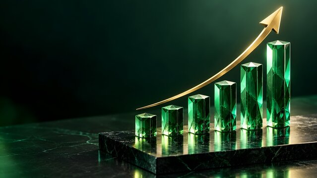 Golden Arrow Soaring Over Green Crystal Bar Chart Representing Premium Financial Growth and Wealth Accumulation