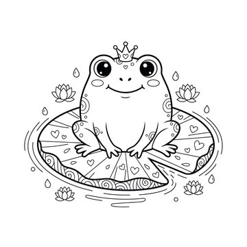Cute little frog prince sitting on a lily pad coloring page in a charming simple line art silhouette