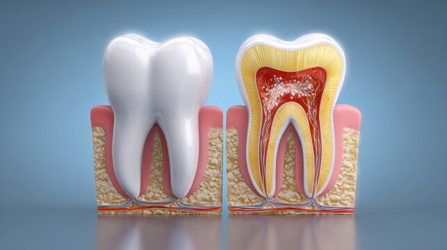 Detailed Anatomy of Human Tooth Structure Revealing Enamel, Dentin, Pulp, and Gums for Educational Use and Healthcare