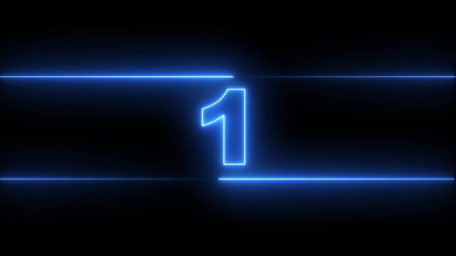 Glowing neon blue numbers from 5 to 0 countdown in neon line and black background. Neon bright glowing countdown timer from 5 to 0. 4k video animation.