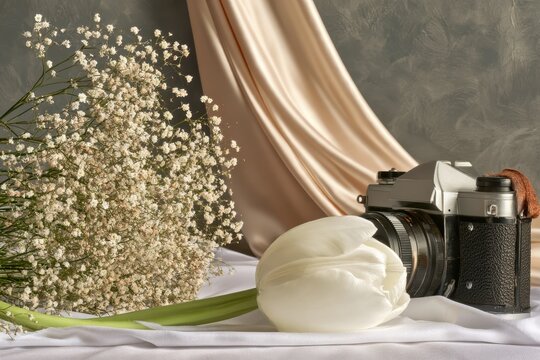 Vintage camera with white tulip and baby's breath flowers