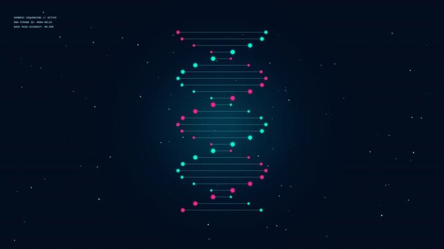 Futuristic 4K medical and biotechnology motion loop with a 3D rotating DNA double helix strand, glowing nucleotide nodes and bio-particle field for genetics, pharma and science presentations