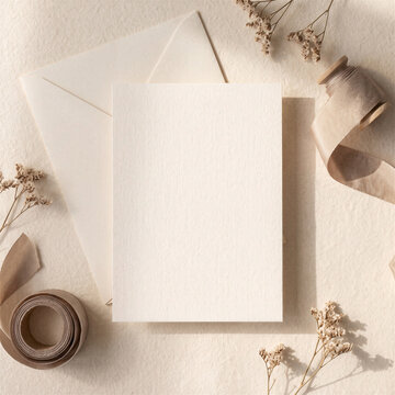 Minimalist Wedding Stationery Card Mockup Neutral Beige Aesthetic Blank Invitation Card Template Paper Envelope Silk Ribbon Dried Flowers Elegant Wedding Concept Branding Stationery Design Photography