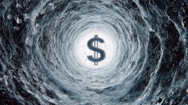 Swirling Water Tunnel with Dollar Sign Symbolizing Financial Concepts and Economic Dynamics in a Visual Representation