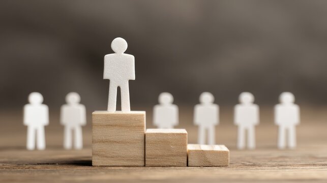 Confident business leader standing on podium above diverse professional team, symbolizing leadership, teamwork, management, collaboration, motivation, career growth, organizational success and achieve