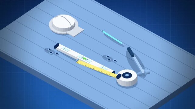 Isometric flat lay of construction tools on blue planks seamless loop