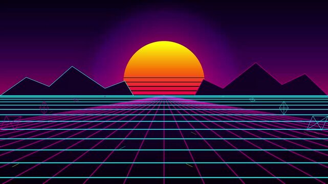 Retro 80s synthwave landscape with glowing sun and grid floor loop
