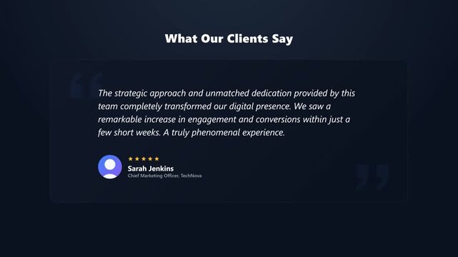 A 4K animated client testimonial featuring a rotating 360-degree profile picture and word-by-word fading text.