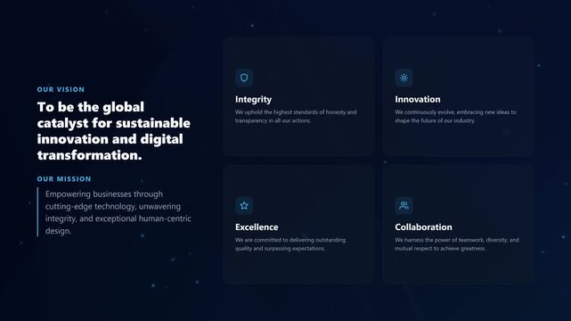 A 4K animated corporate presentation of Vision, Mission, and Core Values. Features a simulated photographic background that smoothly transitions from blurred to sharp, accompanied by flowing ambient l
