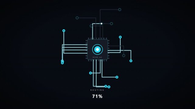 Premium 4K seamless loop of neon circuit traces energizing into a loading bar. Electric pulses, glowing PCB paths and chip core payoff. Perfect cyber loading animation for AI, gaming, software and fut