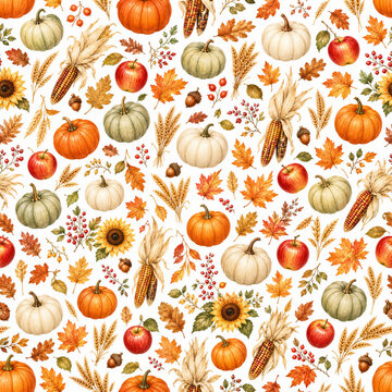 Autumn harvest seamless pattern with pumpkins, apples and fall leaves