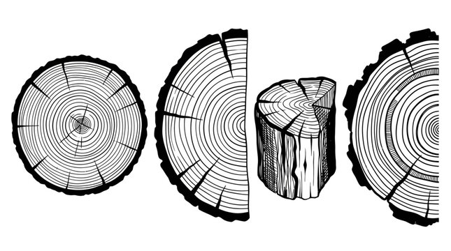 Dendrochronology tree ring wood slices collection rustic engraved vector set