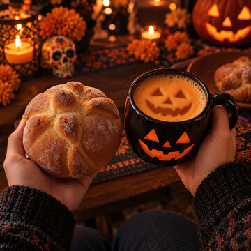 Pumpkin drink with traditional bread in a Halloween-decorated setting.