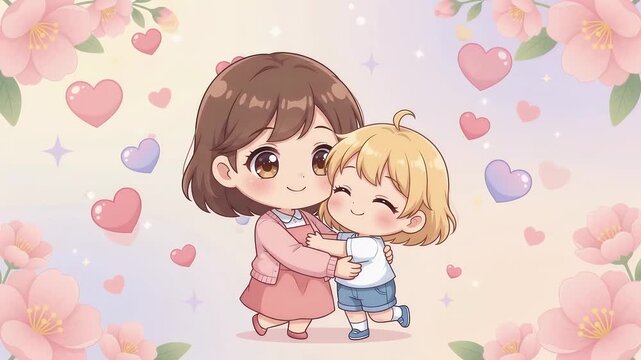 Sweet 4K animation of an anime chibi mother lovingly hugging her child surrounded by floating hearts and cherry blossoms