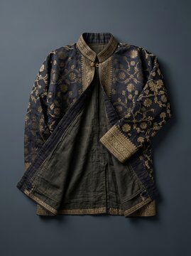Minimal museum-style presentation of Baju Sikap emphasizing form, tailoring and cultural craftsmanship