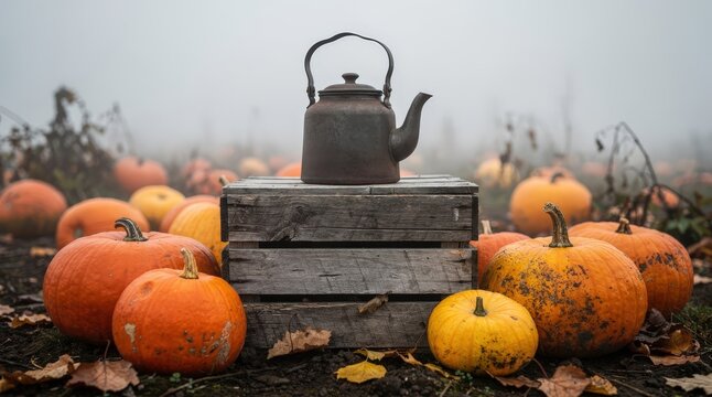 Rustic Metal Teapot on Weathered Wooden Crate Amidst Vibrant Pumpkins in Misty Autumn Field, Soft Diffused Morning Light, Earthy Tones and Textures, Capturing Seasonal Tranquility and Harvest Charm
