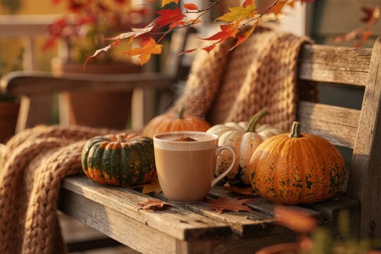 Cozy Autumn Scene with Steaming Mug of Coffee on Rustic Wooden Bench, Surrounded by Vibrant Pumpkins and Colorful Fall Leaves, Warm Afternoon Sunlight, Soft Knit Blanket, Capturing Seasonal Comfort