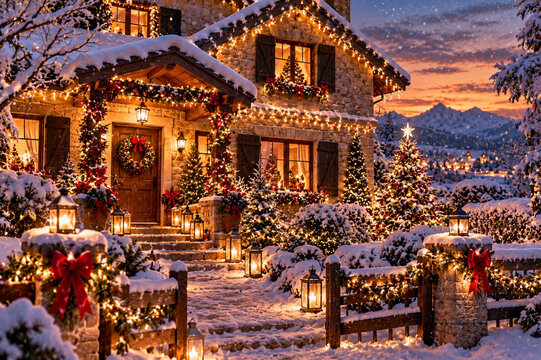 Chalet di montagna illuminato nella neve con atmosfera natalizia