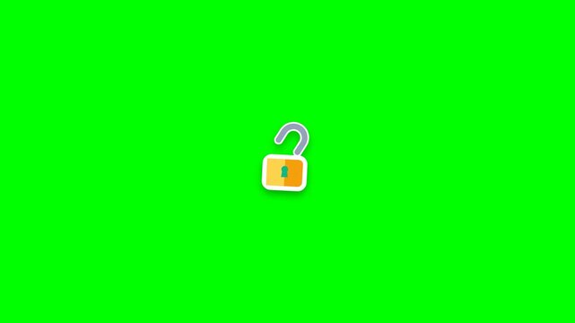 High quality 4K seamless looping motion background featuring a 2D golden padlock sticker with an interactive unlocking animation, dynamic 3D peel, organic floating, and white outline on a chroma key g