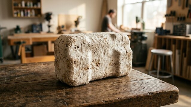 Molded industrial buffer block made from sustainable mycelium on reclaimed wood