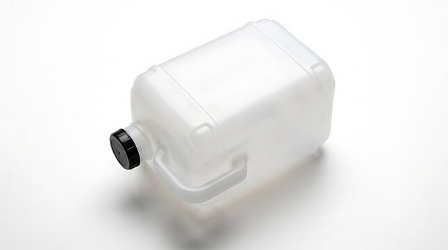 Empty plastic water jug with a black cap for storage and transport of liquid supplies in a simple design. industrial jug