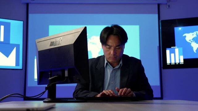Businessman analyzing financial charts on computer monitor with global map in modern office