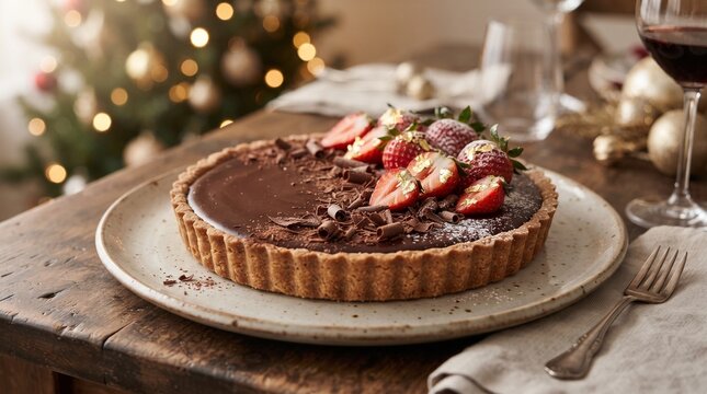 A decadent chocolate tart, adorned with fresh strawberries and a dusting of chocolate shavings, sits proudly on a rustic wooden table, framed by the warm, festive glow of a Christmas tree.