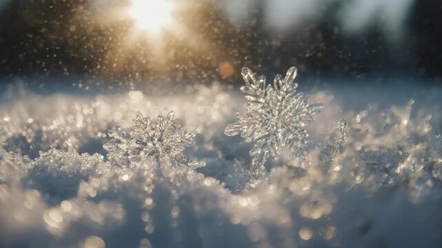 Delicate snowflake crystals glistening in bright golden hour sunlight over soft snow during winter