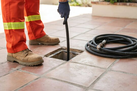 Plumber using a drain snake to clear a blockage in a residential sewer pipe on a tiled patio floor