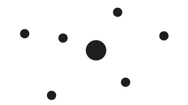 Smaller dots or atoms or molecules come closer to one large circle and then move away again.